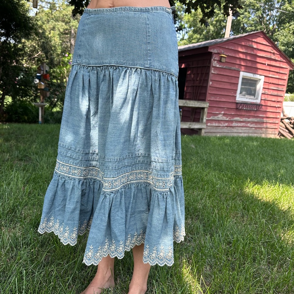 Polo by Ralph Lauren Embroidered Denim Midi Hi-low Skirt - Picture 6 of 6